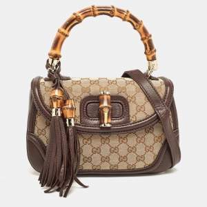 Gucci Beige/Brown GG Canvas and Leather Tassel New Bamboo Top Handle Bag