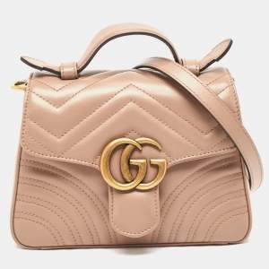 Gucci Beige Matelasse Leather Mini GG Marmont Top Handle Bag