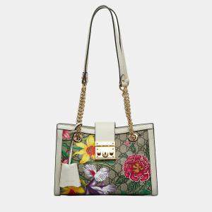 Gucci Beige/Brown Small GG Supreme Flora Padlock Shoulder Bag