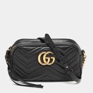 Pre Owned Gucci Black Matelassé Leather Small GG Marmont Shoulder Bag