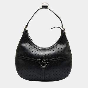 Gucci Black Peforated Leather Interlocking G Reins Hobo Bag 