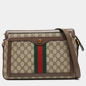 Pre Owned Gucci Beige/Brown GG Supreme Canvas and Leather Medium Ophidia Shoulder Bag  