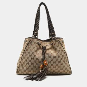 Pre Owned Gucci Dark Brown/Beige GG Canvas and Leather Medium Peggy Shoulder Bag
