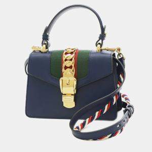 Gucci Navy Leather  Mini Sylvie Top Handle Bag   