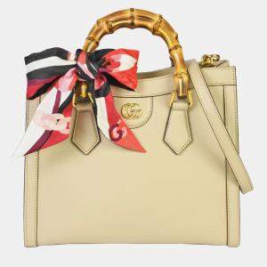 GUCCI Beige Leather Small Bamboo Diana Tote Bag with Shoulder Strap 