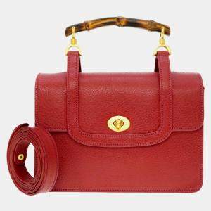 Gucci Red Leather Bamboo Top Handle Bag