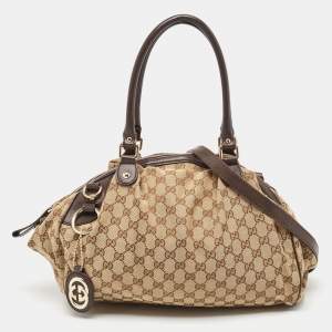 Pre Owned Gucci Brown/Beige GG Canvas and Leather Sukey Boston Bag