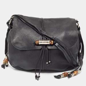 Pre Owned Gucci Black Leather Jungle Flap Hobo