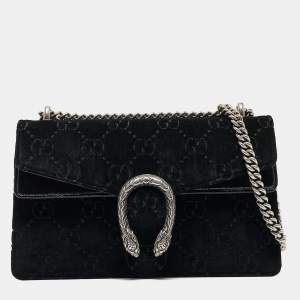 Pre Owned Gucci Black GG Velvet and Patent Leather Small Dionysus Shoulder Bag