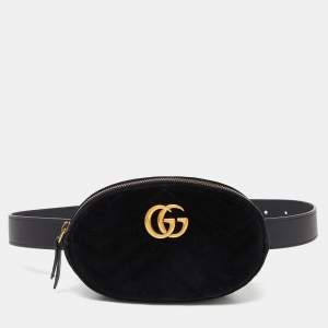 Gucci Black Matelassé Velvet and Leather Mini GG Marmont Belt Bag