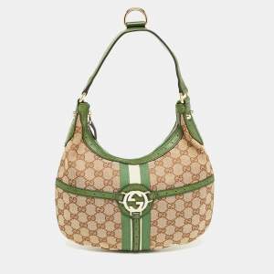 Pre Owned Gucci Green/Beige GG Canvas and Leather Reins Hobo