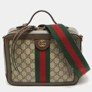 Pre Owned Gucci Beige/Ebony GG Supreme Canvas and Leather Small Ophidia Top Handle Bag