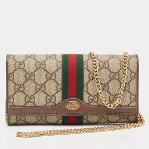 Gucci Beige/Brown GG Supreme Canvas and Leather Ophidia Wallet on Chain