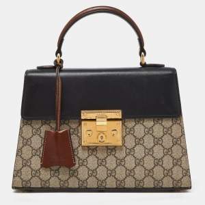 Gucci  Beige/Black GG Supreme Canvas and Leather Small Padlock Top Handle Bag