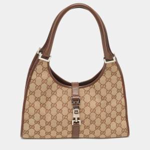 Pre Owned Gucci Beige/Brown GG Canvas and Leather Jackie Bardot Hobo