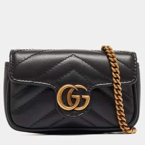 Gucci Black Matelassé Leather GG Marmont 2.0 Purse on Chain