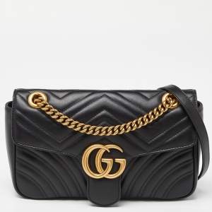 Gucci Black Matelassé Leather Small GG Marmont Shoulder Bag