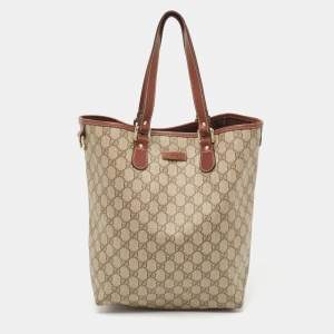 Pre Owned Gucci Brown/Beige GG Supreme Canvas and Leather Shopper Tote