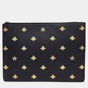 Gucci Black Leather Bee Star Clutch 