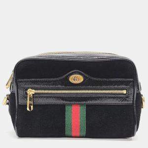 Pre Owned Gucci Suede Patent Web Mini Ophidia Shoulder Bag Black