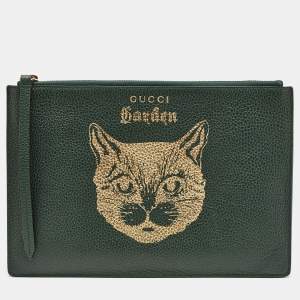 Pre Owned Gucci Green/Gold Leather Garden Cat Zip Pouch