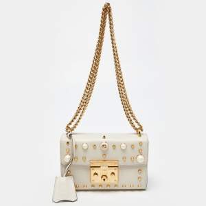 Pre Owned Gucci Beige Leather Small Pearl Studded Padlock Shoulder Bag