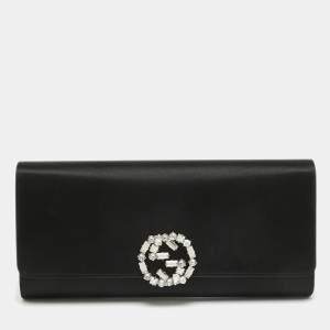Pre Owned Gucci Black Satin GG Broadway Crystals Clutch