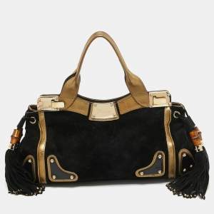 Pre Owned Gucci Black/Gold Leather and Suede Tassel Race Bag