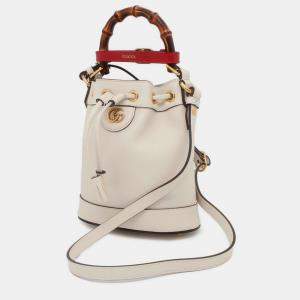 Gucci White Leather Mini Bamboo Diana Bucket Bag