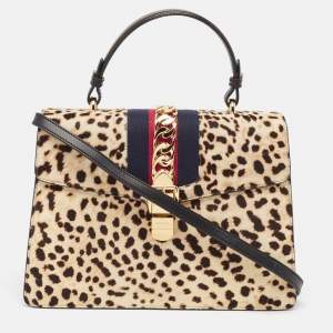 Gucci Beige/Black Leopard Print Calfhair and Leather Medium Sylvie Top Handle Bag