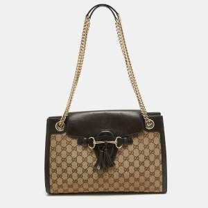 Pre Owned Gucci Brown/Beige GG Canvas and Leather Large Emily Shoulder Bag