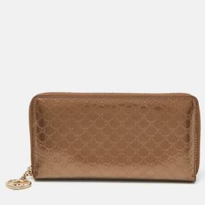 Gucci Bronze Guccissima Patent Leather Zip Around Wallet