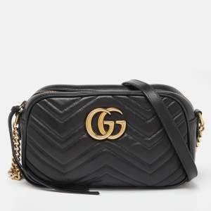 Pre Owned Gucci Black Matelassé Leather GG Marmont Camera Crossbody Bag