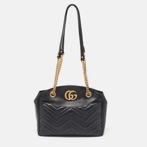 Pre Owned Gucci Black Matelasse Medium GG Marmont Open Top Shoulder Bag 