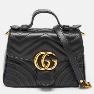 Pre Owned Gucci Black Matelasse Leather Mini GG Marmont Top Handle Bag