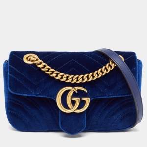 Pre Owned Gucci Blue Matelasse Velvet Mini GG Marmont Shoulder Bag