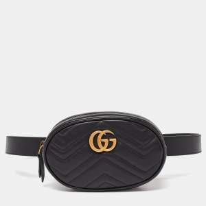 Pre Owned Gucci Black Matelassé Leather GG Marmont Belt Bag