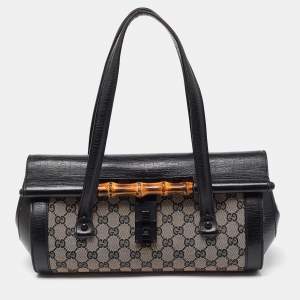 Pre Owned Gucci Beige/Black GG Canvas and Leather Bamboo Bullet Satchel