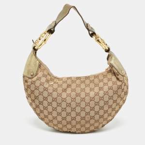 Pre Owned Gucci Green/Beige GG Canvas and Leather Metal Bamboo Ring Hobo