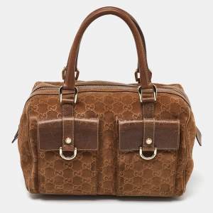 Gucci Brown GG Suede and Leather Boston Bag