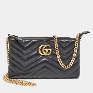 Pre Owned Gucci Black Matelassé Leather GG Marmont Chain Clutch 