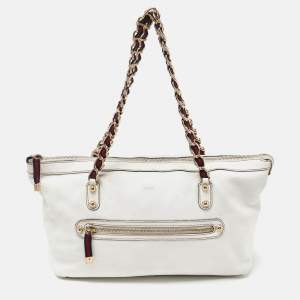 Pre Owned Gucci White Leather Front Zip Chain Tote