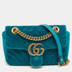Pre Owned Gucci Green Matelassé Velvet Mini GG Marmont Shoulder Bag