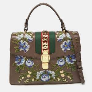 Gucci Brown Floral Embroidered Leather Medium Sylvie Top Handle Bag