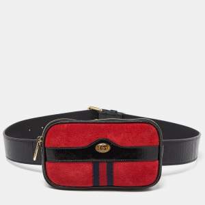 Pre Owned Gucci Red/Black Suede and Patent Leather Ophidia Belt Bag