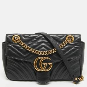 Pre Owned Gucci Black Matelassé Leather Small GG Marmont Shoulder Bag