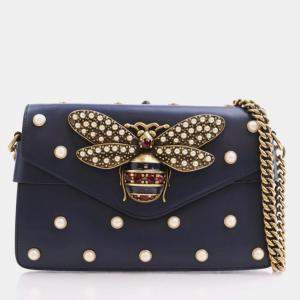 Gucci Blue Leather Broadway Pearly Bee Shoulder Bag