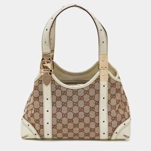 Pre Owned Gucci Off-White/Beige Monogram Canvas and Leather Metal Buckle Shoulder Bag