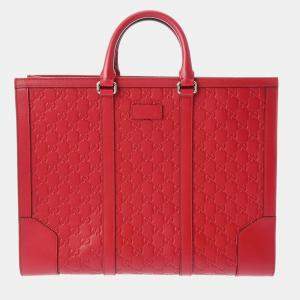Pre Owned Gucci Red Guccissima Leather Large Signature Convertible Top Handle Tote Bag