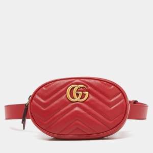 Pre Owned Gucci Red Matelassé Leather GG Marmont Belt Bag